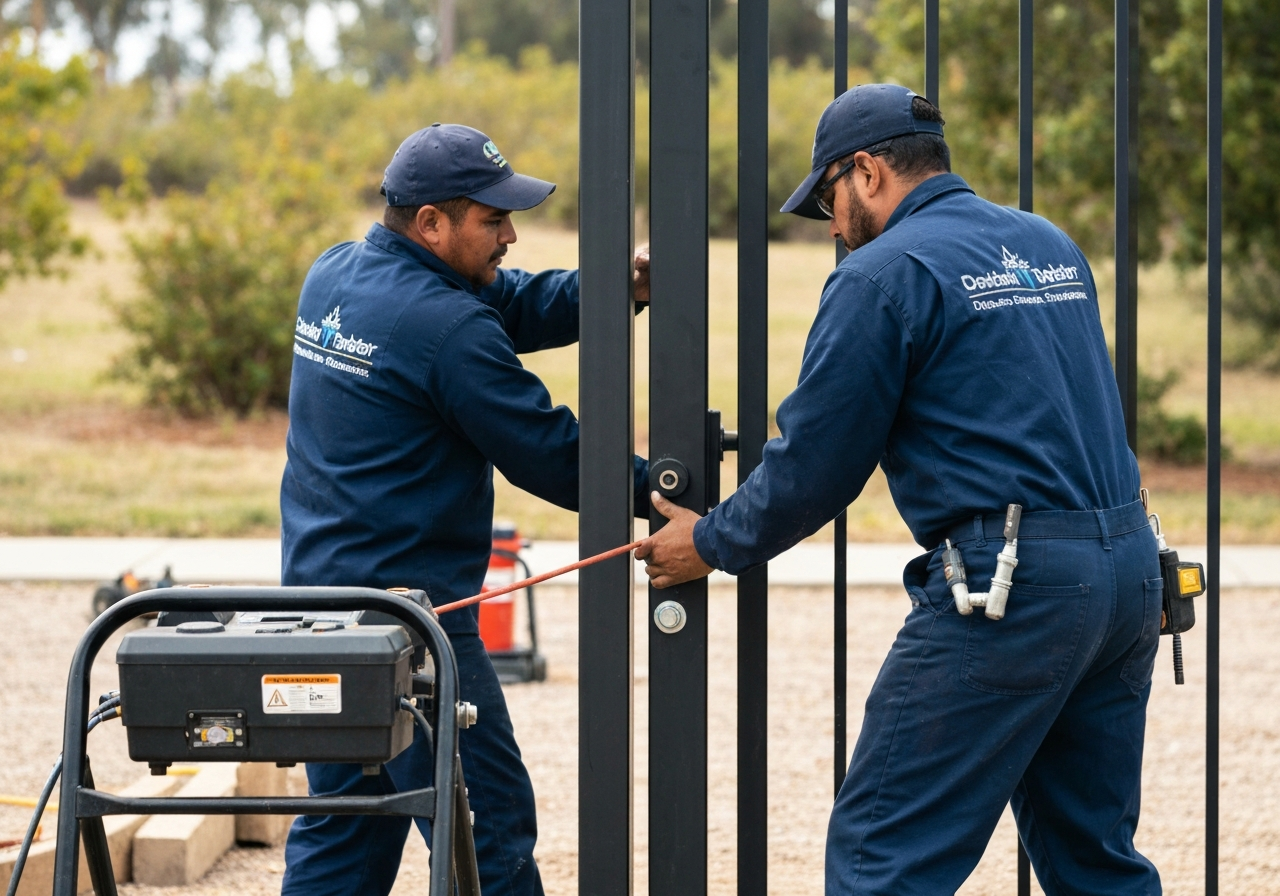 Technicians installing a black metal gate