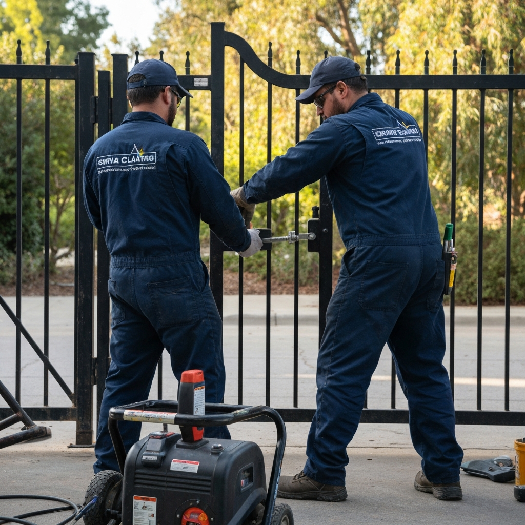 Gate repair professionals fixing a metal gate lock