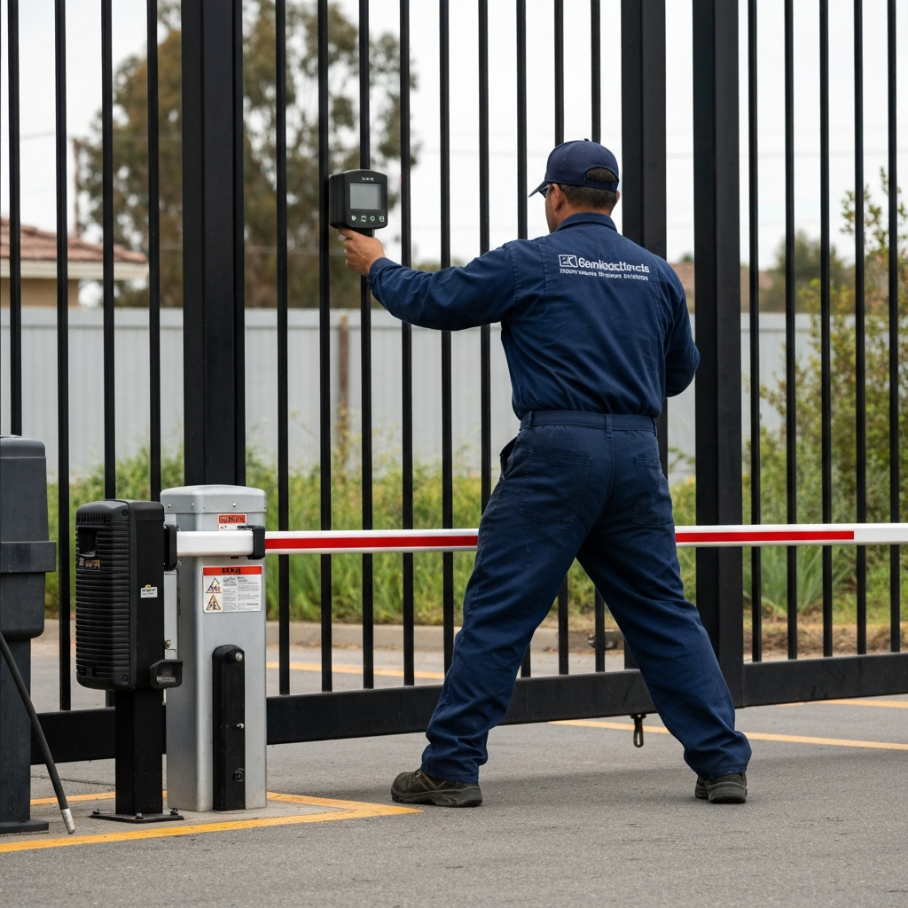 Gate access control technician operating security equipment